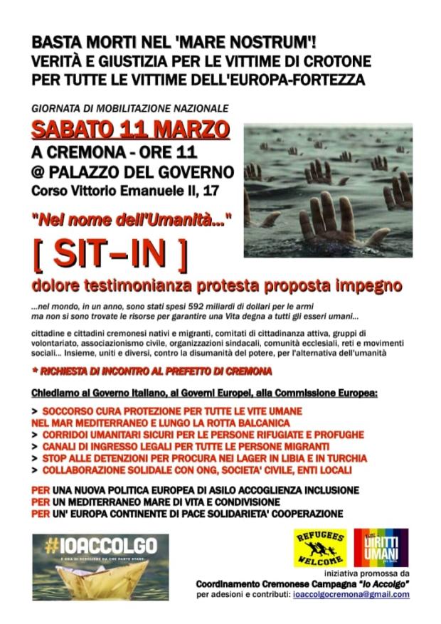 (Cr) Sit In Basta Morti Nel Mare Nostrum Sabato 11 Marzo Ore 11